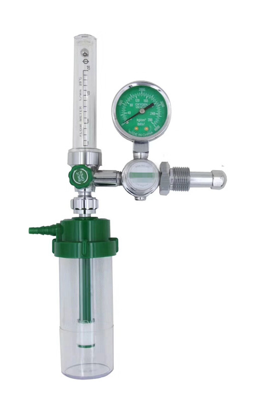 Diaphragm-type oxygen regulator with flow meter and humidifier bottle